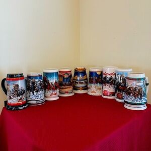 9 Budweiser Holiday Stein Mug Collection Vintage Collectible Clydesdale busch